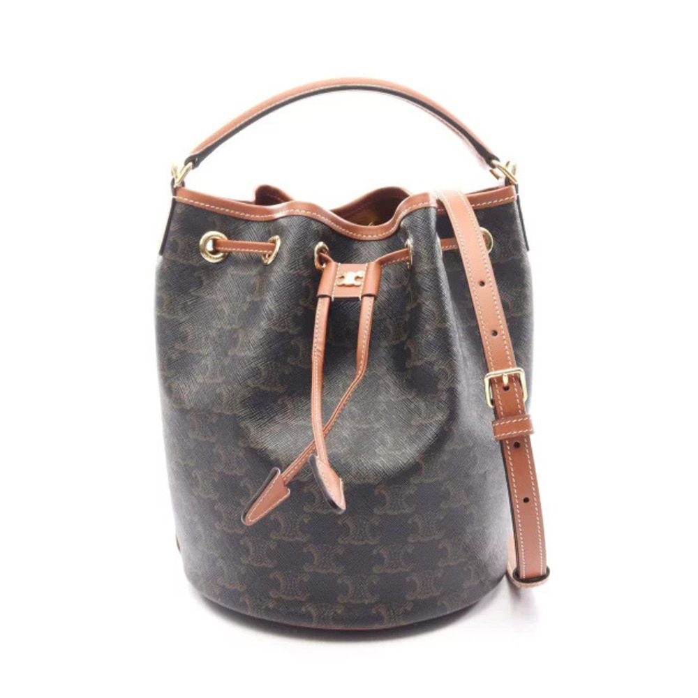 Celine Clara Triomphe Handbag Canvas Leather Black Brown